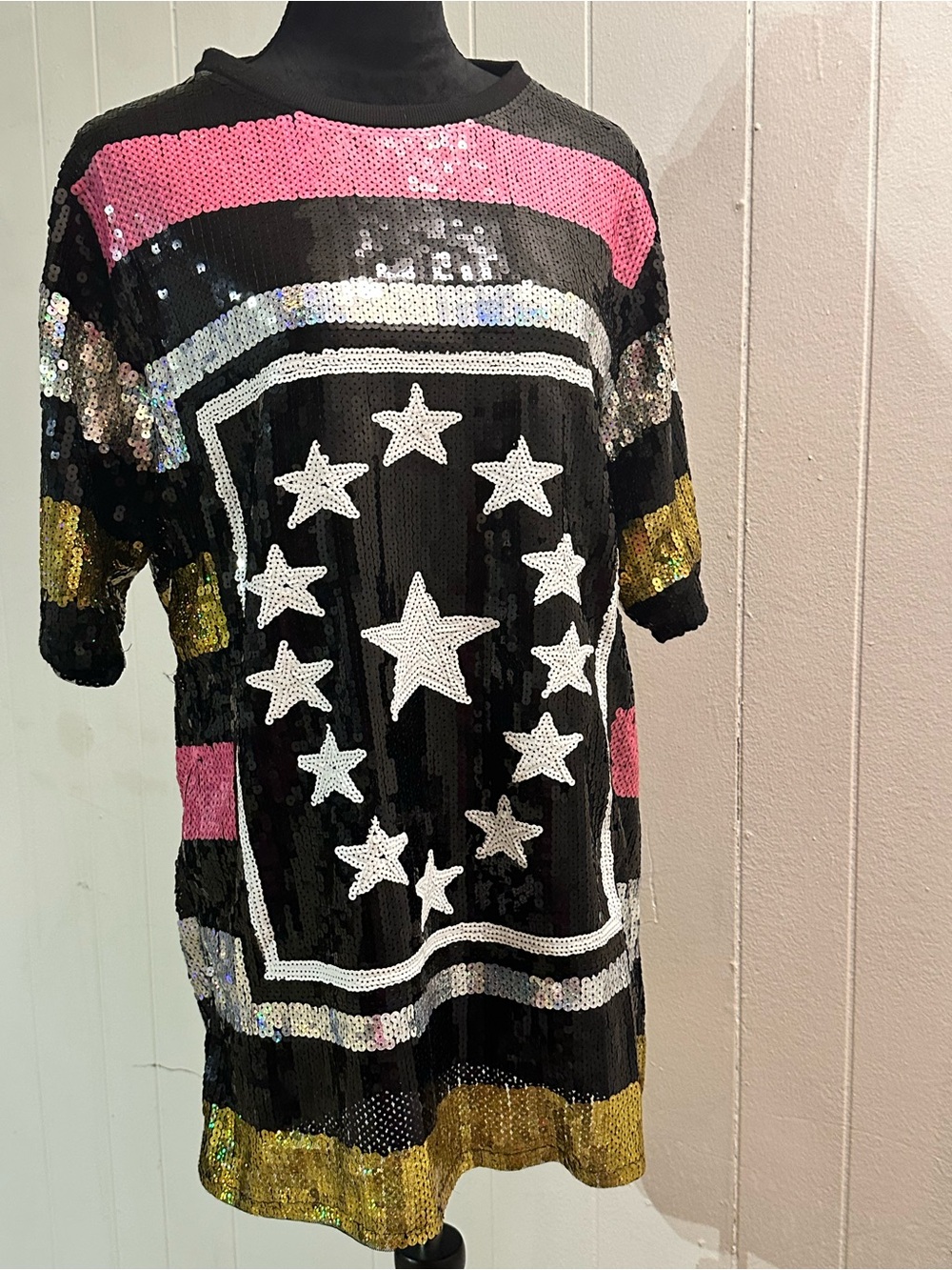 Girls Sequin Star Stripe Top - Black & Pink